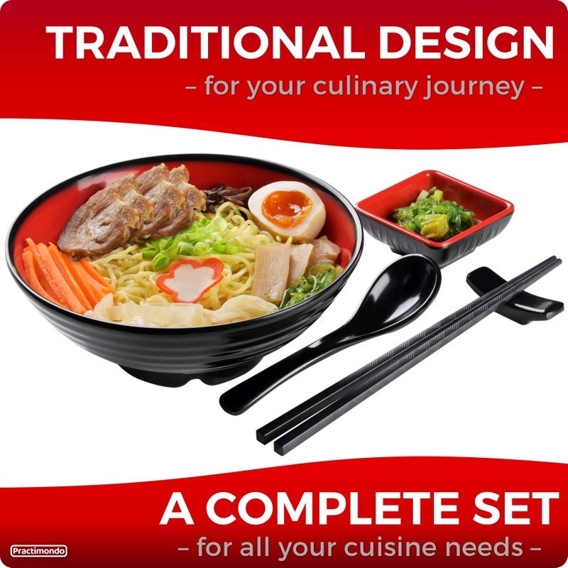 Practimondo Unbreakable Ramen Bowl Set with Chopsticks and Spoon: 2 large Japanese Style Melamine Ramen Bowls, Dipping Bowls and Chopstick Stands for Asian Pho Soup Thai Miso Udon Wonton (2 Bowl Set, Red-Black) - Image 3